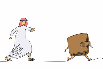 Poster - Single continuous line drawing Arab businessman chasing wallet. Wallets with money shopping. Purse for save cash. Business and finance symbol. Business metaphor. One line design vector illustration