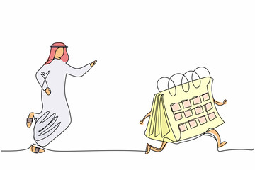 Poster - Single continuous line drawing Arab businessman chasing calendar. Employee plans his schedule and appointments for the month. Time management and optimization, planning. One line graphic design vector