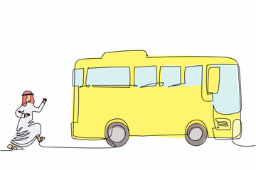 Poster - Single one line drawing Arab businessman running chasing bus. Male manager running for an outgoing bus. Latecomer office worker running to reach a bus. Continuous line draw design vector illustration