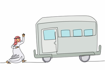Poster - Single continuous line drawing Arab businessman running chasing train. Latecomer worker running along platform to reach train. Male manager at train station. One line draw design vector illustration
