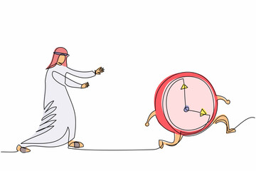 Poster - Continuous one line drawing Arab businessman chasing time. Manager runs after clock. Business concept of deadline, time management, fear of being late. Single line design vector graphic illustration