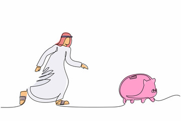 Poster - Single one line drawing Arab businessman chasing piggy bank. Saving money concept. Financial loss, economic crisis. Business metaphor. Modern continuous line draw design graphic vector illustration