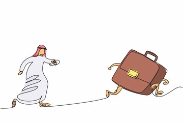 Poster - Single continuous line drawing Arab businessman chasing briefcase. CEO lifestyle. Office worker try to be success, career path. Business metaphor. One line draw graphic design vector illustration
