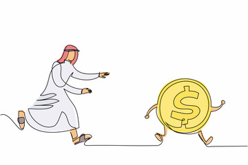 Poster - Single continuous line drawing Arab businessman chase dollar coin. Striving for success, chasing dreams, making profits. Get as much money as possible. One line draw graphic design vector illustration