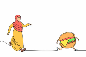 Poster - Continuous one line drawing Arab businesswoman run chasing hamburger. Unhealthy fast food and obese stomach. Delicious meal and favorite for many people. Single line design vector graphic illustration
