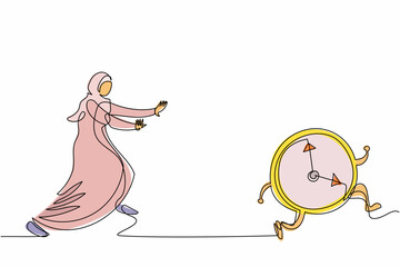 Poster - Continuous one line drawing Arab businesswoman run chasing clock time. Female manager being late or in work deadline, business time management, rush hour. Single line draw design vector illustration