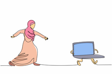 Poster - Single continuous line drawing Arab businesswoman try to chase laptop. Female manager works in office who has deadlines and tasks. Business metaphor. One line draw graphic design vector illustration
