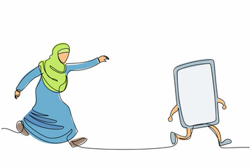 Poster - Single continuous line drawing Arab businesswoman run chasing smartphone. Employee using cell phone for communication technology in digital era. Send message. One line draw design vector illustration