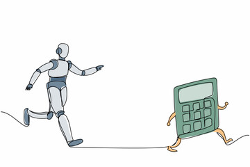 Poster - Single one line drawing robot chasing calculator. Calculation of expenses in tech factory. Future technology development. Artificial intelligence. Continuous line graphic design vector illustration