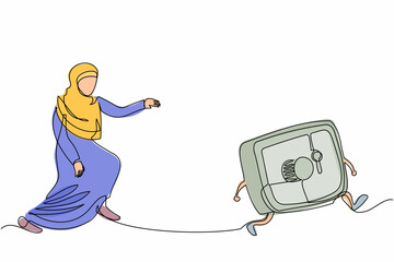 Poster - Single one line drawing Arabian businesswoman chasing deposit box. Female worker saving money, dollar, jewelry, gold in safety box. Protection asset in bank. Continuous line design vector illustration