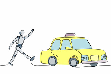 Poster - Single continuous line drawing robot run chasing rocket take off. Launching start up business tech. Robotic artificial intelligence. Electronic technology industry. One line draw graphic design vector