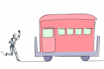 Poster - Continuous one line drawing robot run chasing train. Transport system in railway station. Humanoid robot cybernetic organism. Future robotic development. Single line graphic design vector illustration