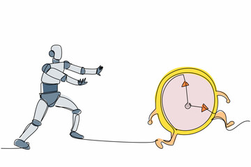 Poster - Single continuous line drawing robot chase clock time. Time management in processing factory. Robotic artificial intelligence. Electronic technology industry. One line draw design vector illustration