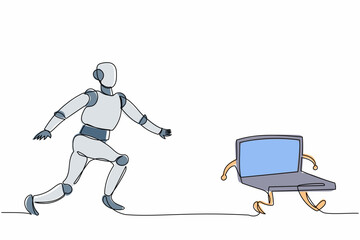 Poster - Single continuous line drawing robot chasing laptop computer. Deadline and task. Modern robotic artificial intelligence. Electronic technology industry. One line graphic design vector illustration