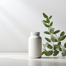 Blank Supplement Bottle Mockup, With A Leaf Behind. AI Generated Image