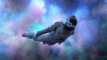 Astronaut Flies Past Purple-blue Clouds. Space. Space Suit. Neon Color. The Clouds Revolve Around The Astronaut.