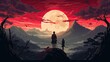 Mountain and clouds digital wallpaper two anime character standing on wood branch facing mountain and red moon illustration, generative ai