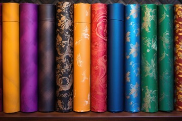 Wall Mural - colorful gift wrapping paper rolls displayed in a row