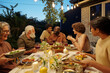 © pressmaster - Cute boy and his father sitting by served table among other members of family while enjoying communication and tasty homemade food