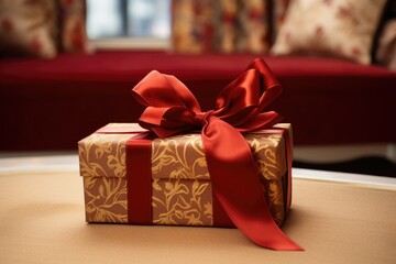 Wall Mural - gift box with ribbon and bow close-up