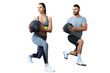 Beautiful young sports couple is working out with medicine ball on a transparent background