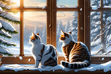 Cats Looking Out The Snow-covered Window. Generative AI