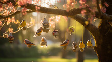 City Park, A Wide Variety Of Birds Gathered Around A Bird Feeder Hanging From A Tree