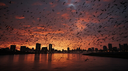 Wall Mural - a murmuration of starlings swirling against a twilight city skyline, emphasizing the contrast, drama