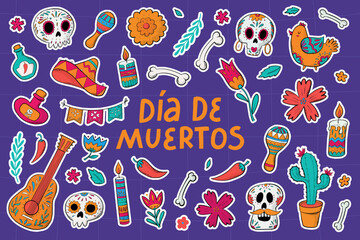 Wall Mural - day of the dead doodles, pre made stickers with white edge, cartoon elements for prints, cards, stationary, planners, sublimation, etc. EPS 10