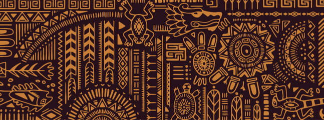 ethnic symbols, ancient tribal elements, shapes pattern. aztec, mexican, maya ornaments, horizontal 