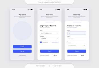 Sign Up and Sign In forms. Registration and login and password forms page for mobile app. Vector template for your design. 