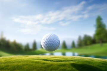 Wall Mural - white golf ball soaring through the air towards the distant hole on the green background