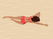 Illustration Of A Girl In A Bathing Suit Sunbathing And Tanning On The Beach Sand. 