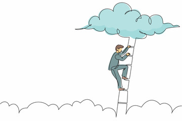 Poster - Single continuous line drawing businessman climbing up ladder to cloud. Successful manager rising business development. Professional growth promotion. One line draw graphic design vector illustration