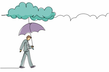 Poster - Single continuous line drawing businessman walking with umbrella under rain cloud. Depression, passerby at rainy weather. Drenched man, water pour from sky. One line graphic design vector illustration