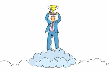Poster - Single one line drawing businessman holding trophy in cloud. Manager celebrates his victory in sky. Business success goal achievement. Winning award. Continuous line graphic design vector illustration