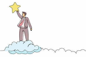 Poster - Single continuous line drawing success businessman reaching precious star. Business champion to get reward, winning star employee, career path, dream job. One line graphic design vector illustration