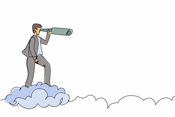 Poster - Continuous one line drawing businessman riding cloud holding telescope or binocular to search for business visionary. Leadership vision to see company strategy. Single line design vector illustration