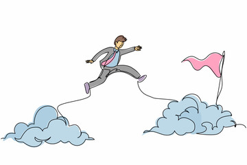 Poster - Continuous one line drawing active businessman jump or leap over clouds to reach his success target or flag. Challenge his career path. Taking risk. Single line draw design vector graphic illustration