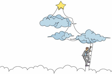 Poster - Single one line drawing businessman climbing ladder to reach out for stars. Employee climb career path. Motivation to be success, winning goal. Continuous line draw design graphic vector illustration