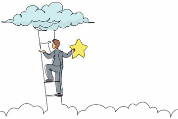 Poster - Single one line drawing active businessman climbing ladder or stairs and reaching star on sky. Goals and dreams. Business, career, achievement. Continuous line draw design graphic vector illustration