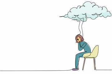 Poster - Single continuous line drawing sad businesswoman sitting on chair under rain cloud. Worried woman thinking about business project. Collapse of economy. One line draw graphic design vector illustration