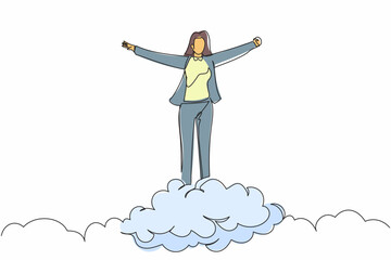 Poster - Continuous one line drawing happy businesswoman on top of cloud with raised hands. Successful business project. Financial freedom, happiness, peaceful. Single line design vector graphic illustration