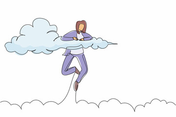 Poster - single continuous line drawing happy businesswoman hang in the clouds. looking for success in the of