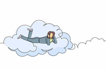 Poster - Continuous one line drawing dreamer businesswoman lay on the clouds and dreaming or thinking about new business project. Female resting after work. Single line draw design vector graphic illustration