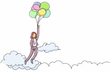 Poster - Single one line drawing happy businesswoman floating with flying balloon through cloud. Manager reaches goal, achieve target, finds solution. Continuous line draw design graphic vector illustration
