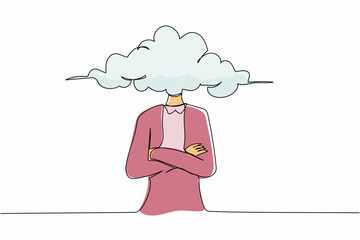 Poster - Single continuous line drawing cloud head businesswoman. Woman with empty head and cloud instead. Distracted, daydreaming, absent. Business metaphor. One line draw graphic design vector illustration
