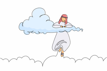 Poster - Continuous one line drawing relaxing Arab businessman hang in clouds. Hoping for success, financial freedom, winning business project, achievement. Single line draw design vector graphic illustration
