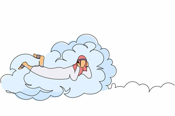 Poster - Single one line drawing Arab businessman lay on clouds and dreaming or thinking about new business project. Relaxes and resting worker concept. Continuous line draw design graphic vector illustration