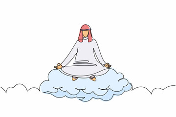 Poster - Continuous one line drawing Arabian businessman meditates and resting in lotus position on clouds. Relaxing Arab man with yoga or meditation pose. Single line draw design vector graphic illustration